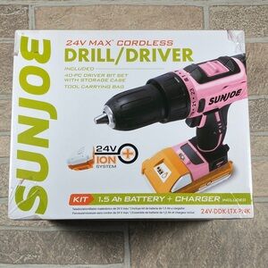 NEW Sun Joe Pink Cordless Drill/Driver Kit With Carrying Bag & 40 Piece Bit Set